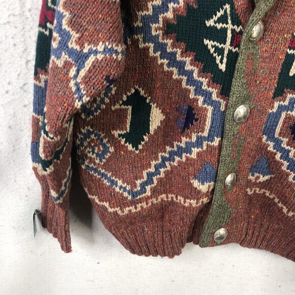 Vintage Twickers Cardigan Sweater Men L Brown Shawl Collar Aztec Wool Concho - Picture 7 of 16